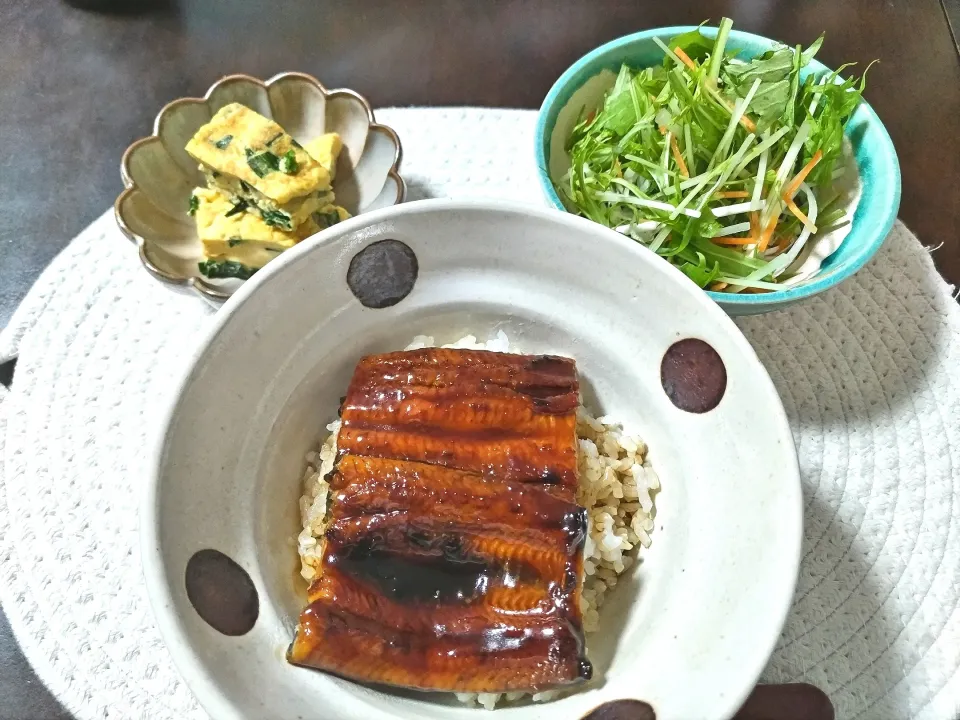 うなぎ定食〜
サラダクラブのサラダ、ニラいり玉子焼き|vege食堂さん