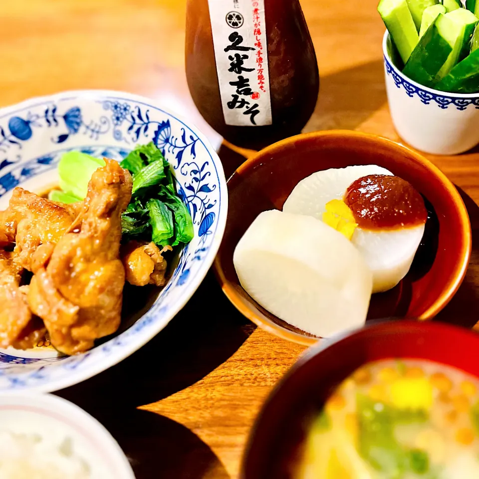 久米吉みそ　ふろふき大根　鶏のさっぱり煮　なめこ汁|アッコちゃん✨さん