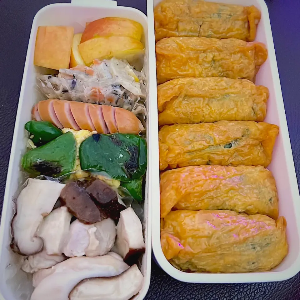 Snapdishの料理写真:旦那さん弁当⭐︎今日は稲荷寿司　おかずはヘルシーに|あやごはん( ͡σ̴̶̷̤. ͡σ̴̶̷̤)ෆ⃛さん