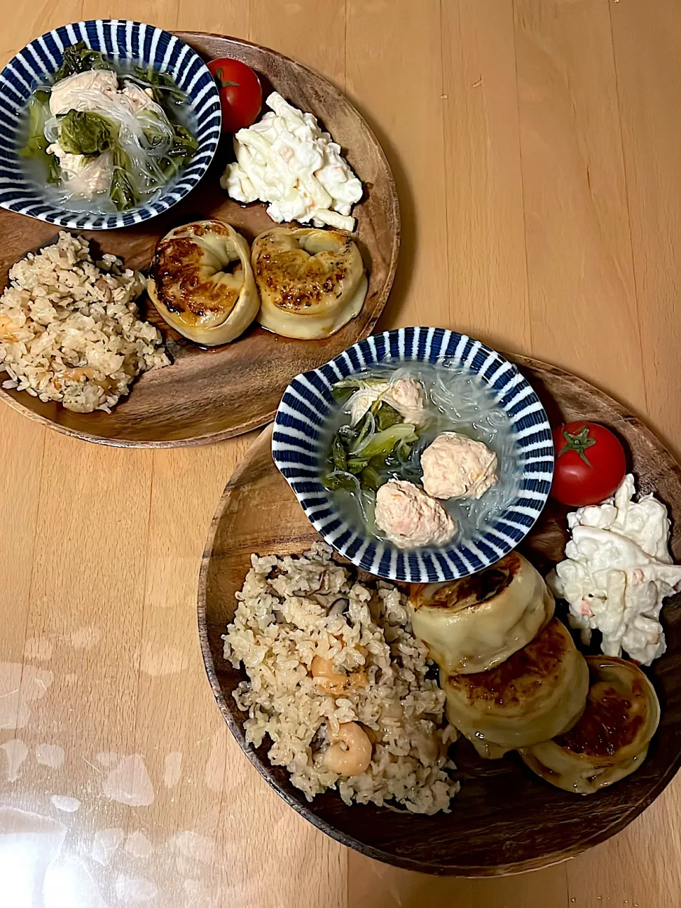 焼饅頭　ポテトサラダ　春雨肉団子スープ　味ご飯|そのみさん