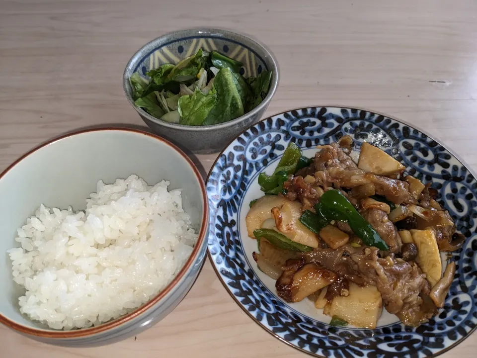 2024/05/02の食事メニューはズボラな青椒肉（絲は太めの細切り）定食
・ズボラな青椒肉中身（市販の大分県産筍水煮＋宮崎県産ピーマン＋玉葱＋新潟県産シメジ＋長野県産エリンギ＋国産豚肩ロース生姜焼用＋塩分控えめ丸大豆醤油＋塩＋沖縄県迄粉末黒糖＋オイスターソース＋豆板醤＋SBチューブおろしニンニク＋片栗粉＋サラダ油＋丸|Tarou  Masayukiさん