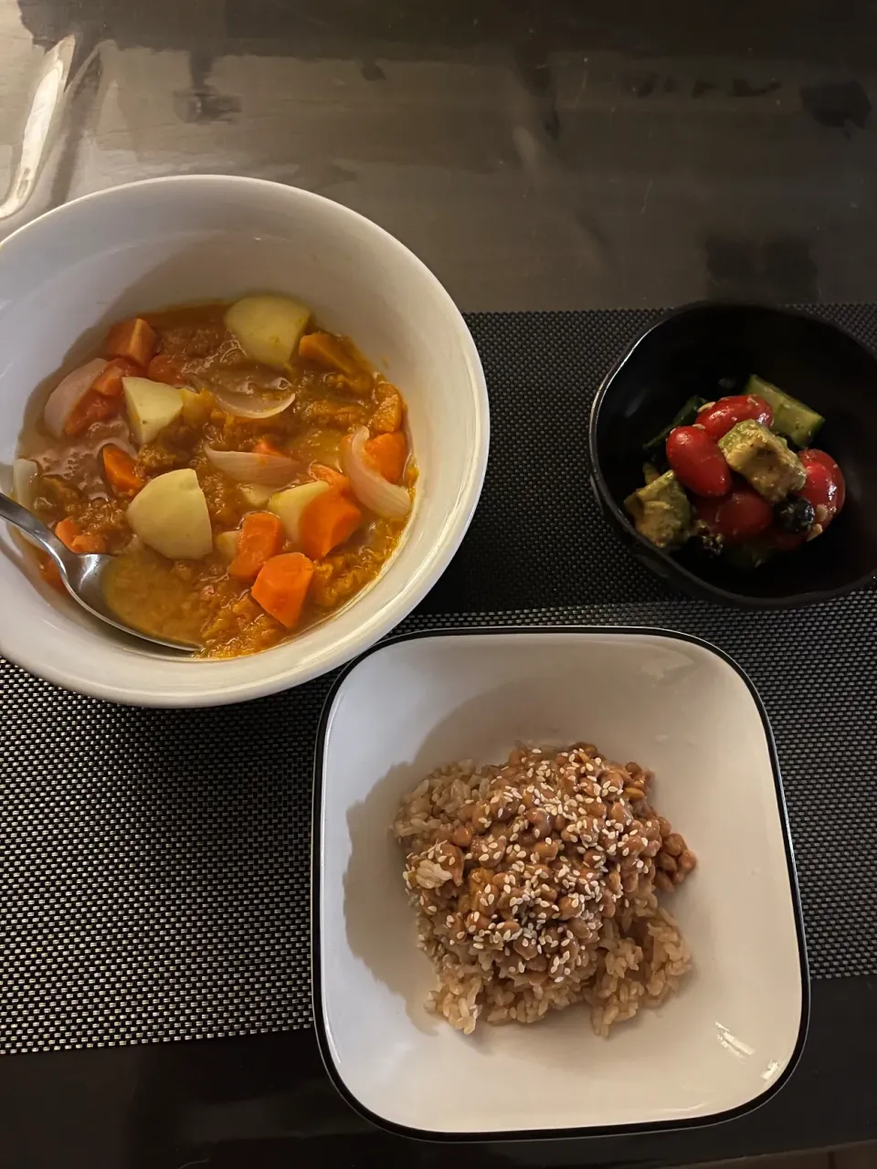 Natto with sesame seeds⭐️salad⭐️pumpkin,sweet  potato,potato.carrot and onion soup|Lunaさん