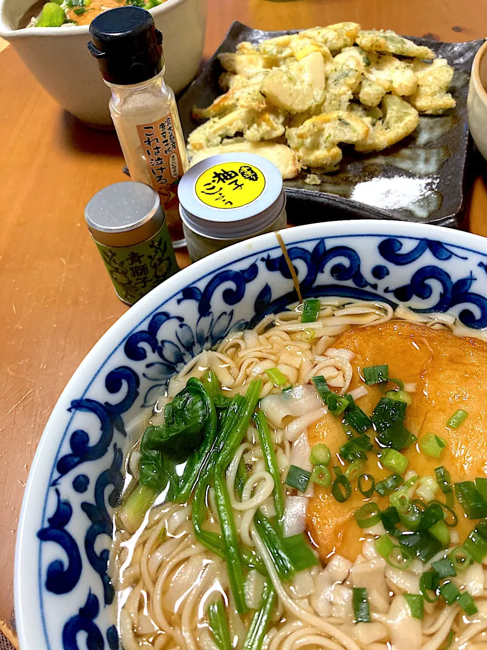 ノドグロまる天全粒粉稲庭うどん、筍の磯辺揚げ|さくたえさん