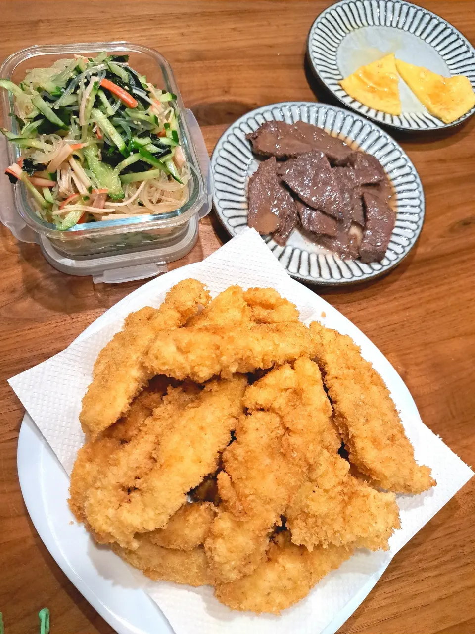 ささみフライ　春雨サラダ　焼き牛肉　余り衣液のダッチクレープ風|m aさん