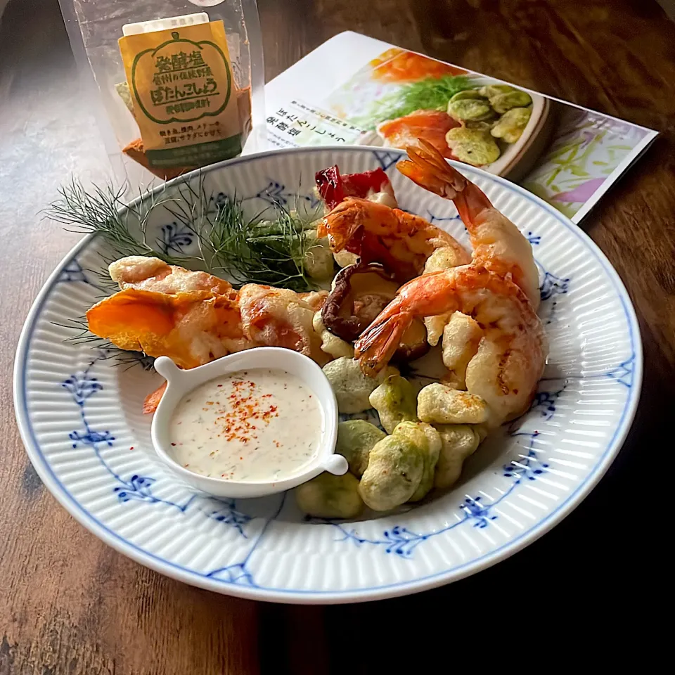 海老とそら豆のフリットディルソース〜食卓を紡ぐおたより便|とんちんさん