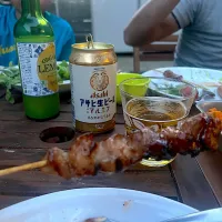 Snapdishの料理写真:BBQ🍖 焼き鳥とビール🍺|ゆっこっこさん