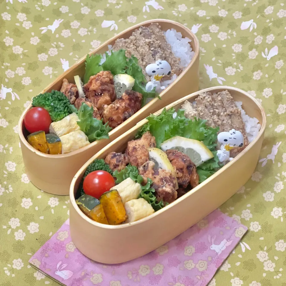 ササミ唐揚げ☘️の双子ちゃんお弁当　💙🩷　5/8水|sweet homeさん