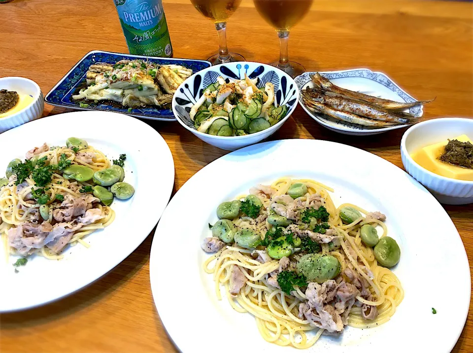 空豆と豚バラ肉の和風パスタ　竹輪と胡瓜の酢物　焼きししゃも　焼きなす|じゅんさんさん