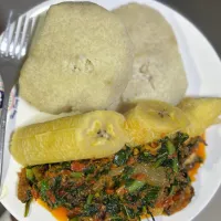 Snapdishの料理写真:Boiled Yam and Plantain with Vegetable sauce|Adefolamiさん