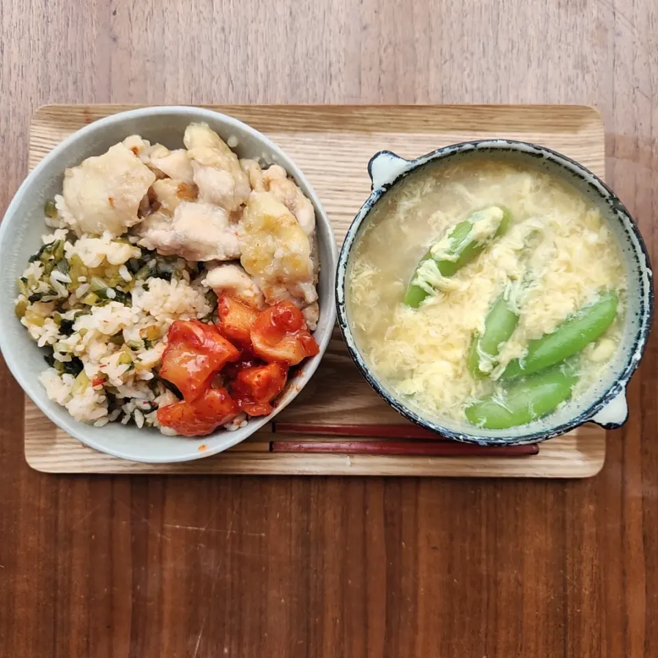 20240511
韓国高菜ご飯の焼き鳥丼
スナップえんどうと卵のスープ|noccoさん