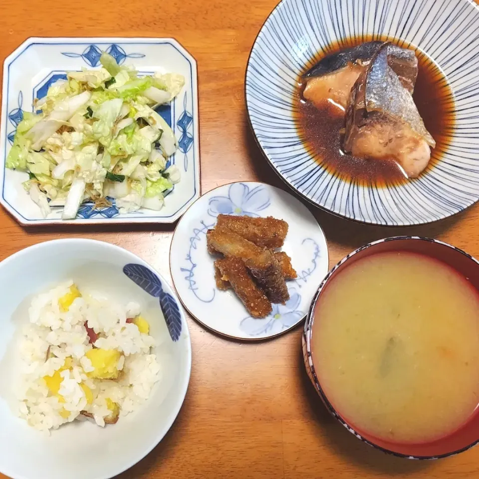 2024 0506　鰤のポン酢煮　白菜のうま塩じゃこサラダ　新ごぼうの甘辛ごま炒め　なめことわかめのお味噌汁|いもこ。さん