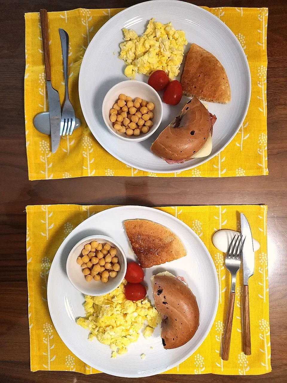 Snapdishの料理写真:Nina's dish sunday brunch
- pancake
- blueberry rice bagel, creamcheese, havarti cheese, bacon
- chickpea with Kewpie sesame sauce 
- scrambled egg 
- cherry tomato |Ninaさん