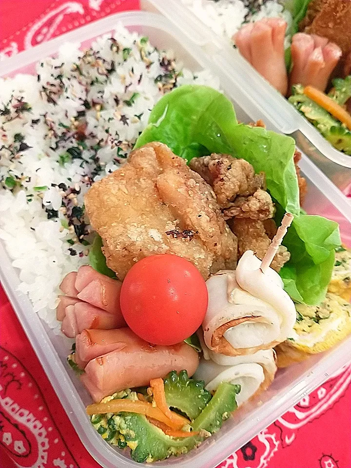 Snapdishの料理写真:ゴーヤーチャンプルーからあげ弁当|yayoi.Kさん