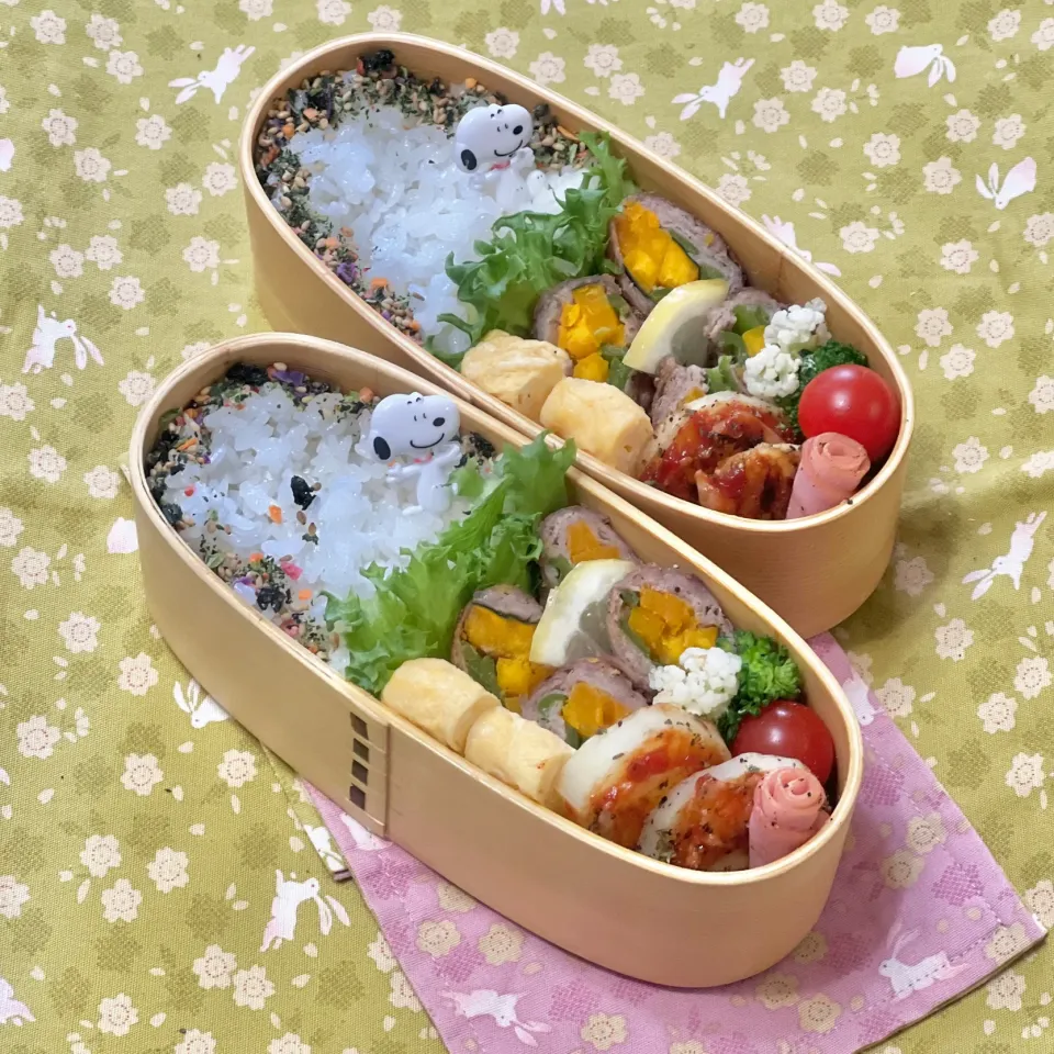 かぼちゃ・ピーマンの豚ロール☘️の双子ちゃんお弁当💙🩷　5/16木|sweet homeさん