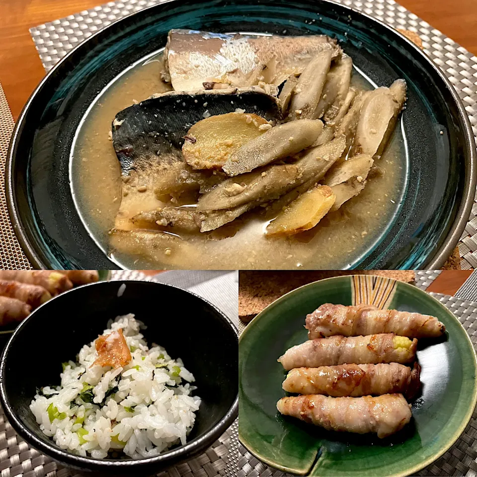 Snapdishの料理写真:サバ味噌、ヤングコーンの豚肉ロール、菜飯ご飯の宴|なお🅿️さん