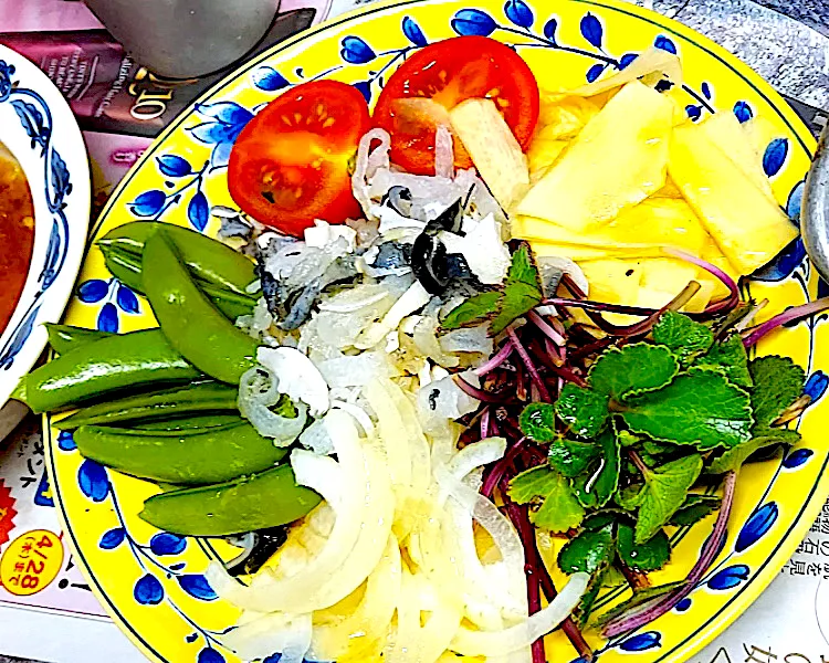 トラフグの皮と朝採れ野菜🥬🍅🧅のサラダ𓌉🥗𓇋|🐈⸒⸒⸒⸒つるのダンス🐈🐾さん