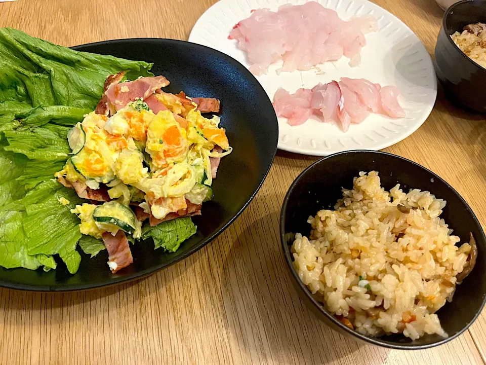 無印たきこみ　鯛のお刺身　ポテサラ|やすださん