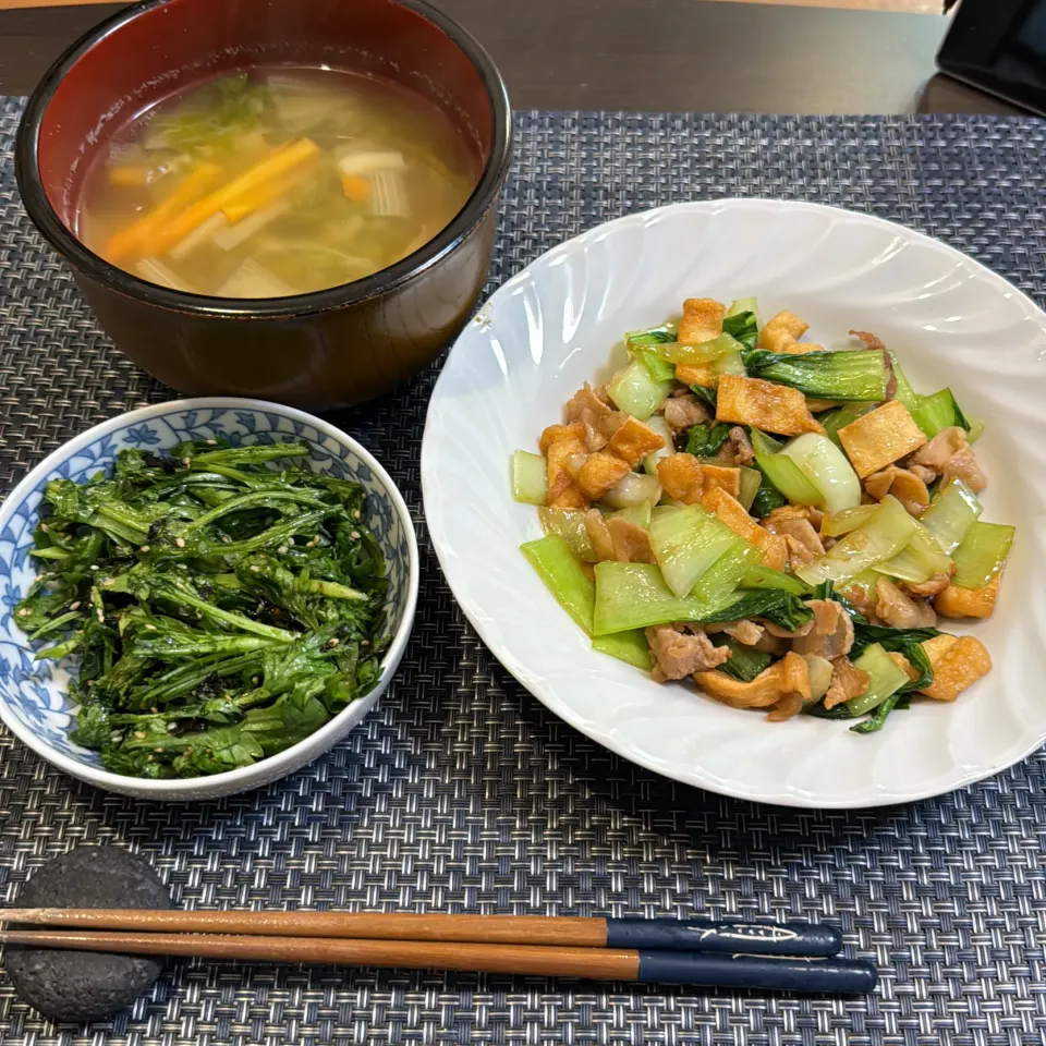 青梗菜と豚肉のオイスター炒め・春菊サラダ・青菜と人参の味噌汁|a-parkさん