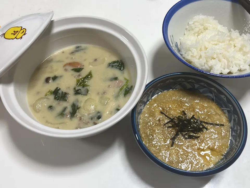 Snapdishの料理写真:クリームシチューと山芋トロロ♫wwwww|Yoshihiro Andoさん