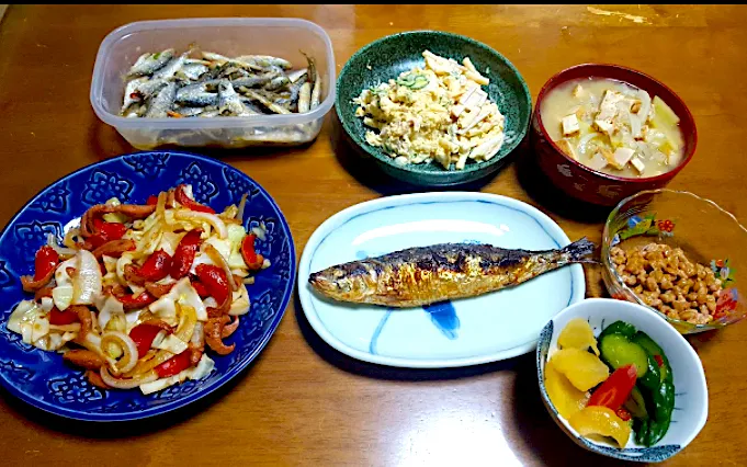 ある日の晩御飯 朝獲れ真イワシの塩焼き 赤ウインナーとの野菜炒め 納豆 床漬け 残り物のスパゲティサラダ𓌉🥗𓇋とアジゴの南蛮漬け|🐈⸒⸒⸒⸒つるのダンス🐈🐾さん