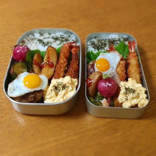 Snapdishの料理写真:5月20日お弁当
エビフライタルタルソース
ハンバーグ
うずら目玉焼き
ポテト
タコときゅうりの酢の物
ラディッシュ素揚げ|シロクマさん