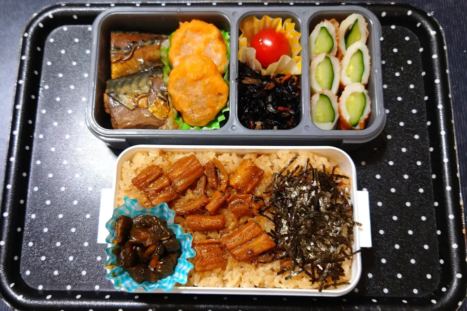 今日の手作り弁当は、穴子めしと鯖の煮付け弁当。

献立は、
・穴子めし、きゅうり漬
・鯖の煮付け、鶏の唐揚げ
・ひじき煮、ミニトマト
・ちくきゅう|Mars＠釜飯作り研究中さん