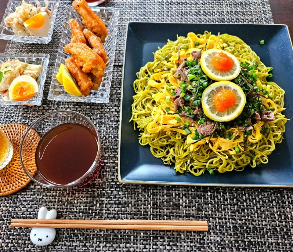 Snapdishの料理写真:瓦そば&和風ポテトサラダ&手羽中唐揚げ|emiさん