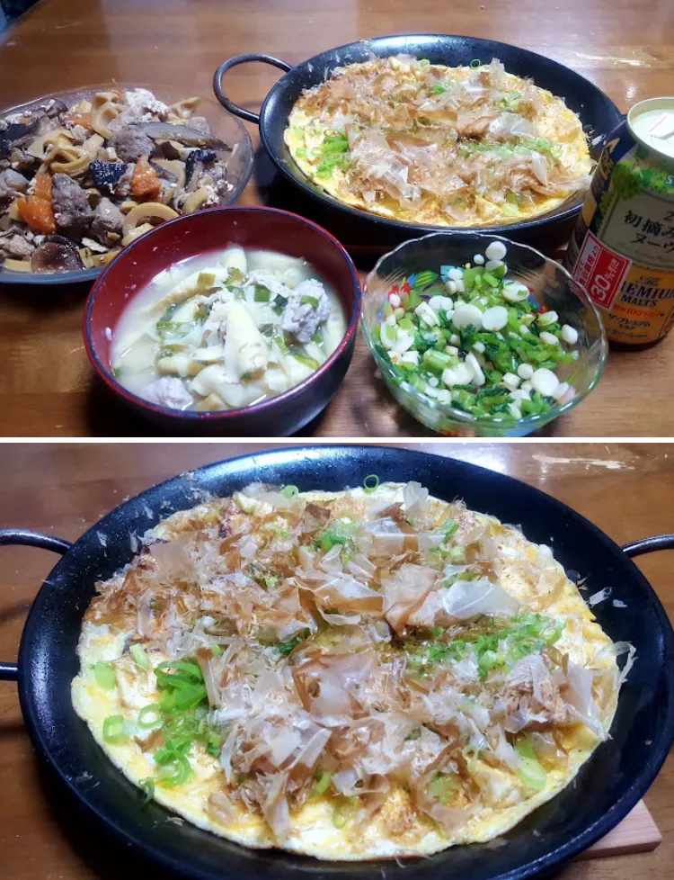 パエリアパン🥘で【豆腐鉄板】【アルモンデ煮染め】（筑前煮ではありません。）間引きかぶの葉っぱと赤ちゃんかぶの浅漬け|🐈⸒⸒⸒⸒つるのダンス🐈🐾さん