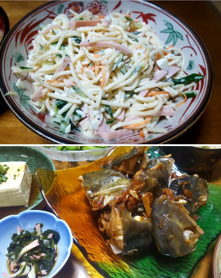 90cmのハマチ（1m未満のぶり）のアラをあら炊きに スパゲティサラダと|🐈⸒⸒⸒⸒つるのダンス🐈🐾さん