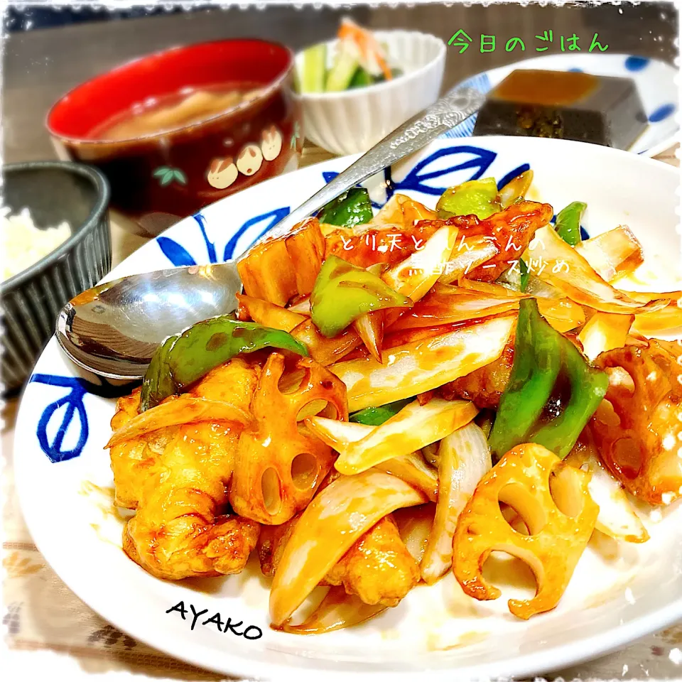 とり天とれんこんの黒酢ソース炒め|亜矢子さん