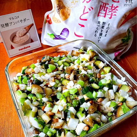 「プラス糀 発酵ぬかどこ」を使ってみたSnapdishの料理・レシピ写真:にゃんぺこさんの料理 ぬか漬けアレンジ🍆🥒山形のだし風