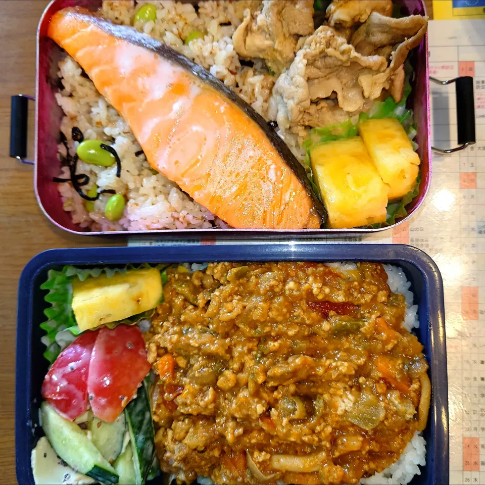 Snapdishの料理写真:上；枝豆塩昆布鰹節ご飯、焼鮭、焼肉、パイナップル弁当。下；ドライカレー、サラダ、パイナップル弁当|まりっぺ2024さん