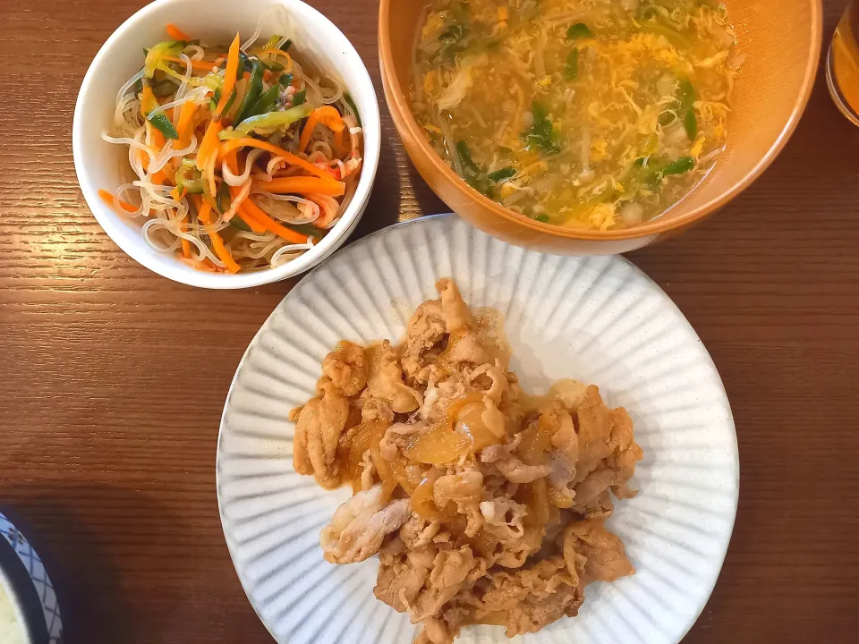 豚のしょうが焼き　春雨サラダ　たまごスープ|🍏りんご🍎さん