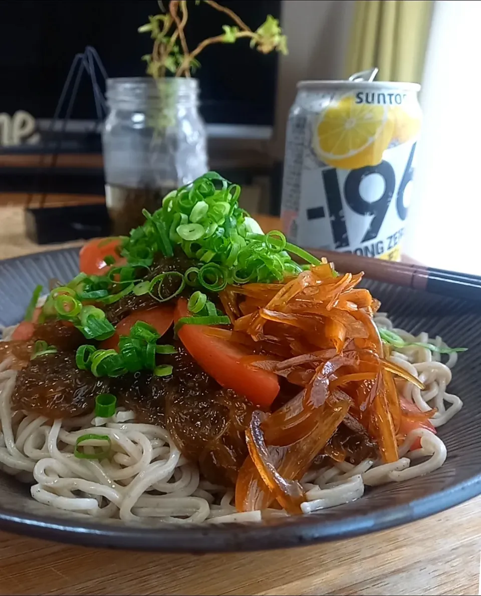 ﾄﾏﾄもずくぶっかけ蕎麦|まりおさん