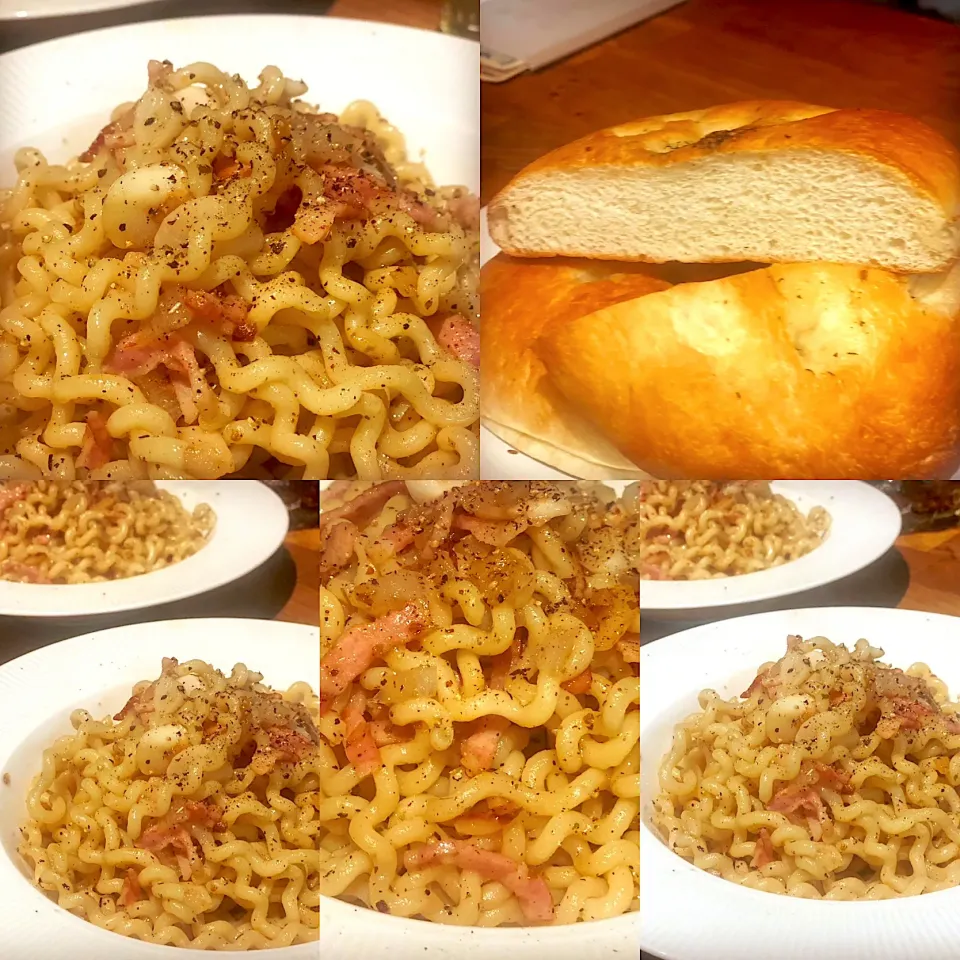 Dinner ! Dinner ! 
First time seeing today had to buy 
Italian Fusilli Lunghi Bucatini Pasta in Smoked Olive Oil , Garlic And Smoked Bacon with Garlic Bread , G|Emanuel Hayashiさん