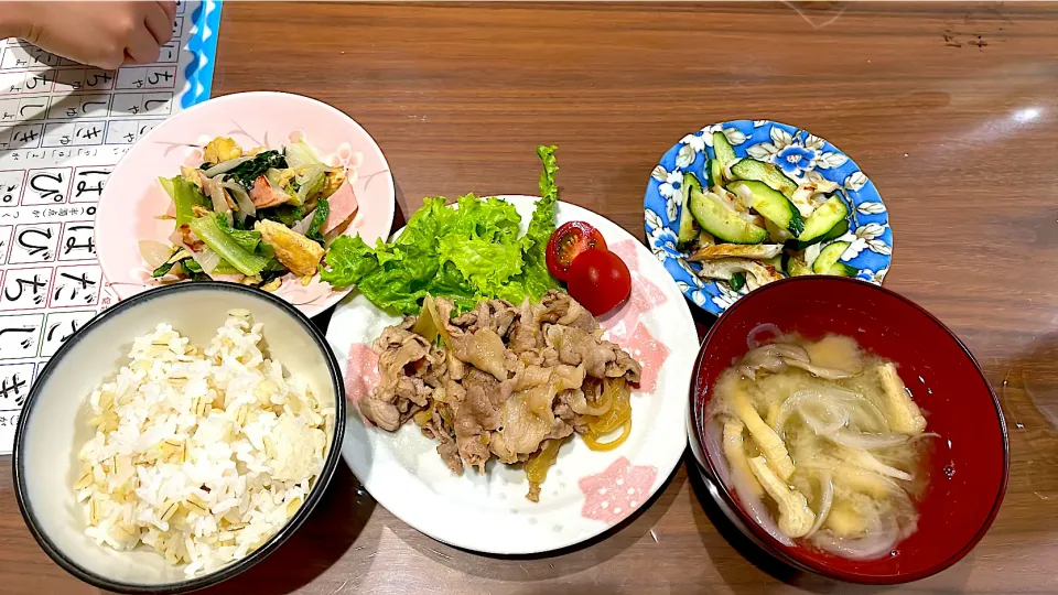 Snapdishの料理写真:豚の生姜焼き　新玉ねぎと揚げの味噌汁　きゅうりと竹輪のおかか和え　レタスとハムの卵炒め|おさむん17さん