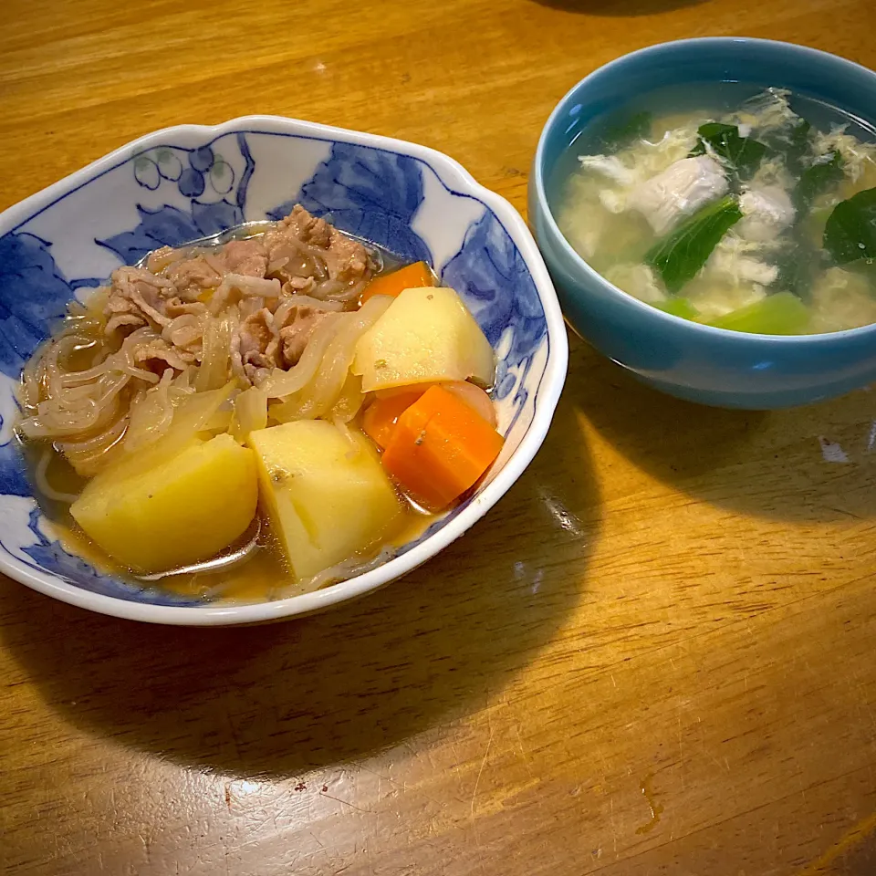 豚肉じゃがと、鶏ささみと小松菜のかき卵汁|もえさん