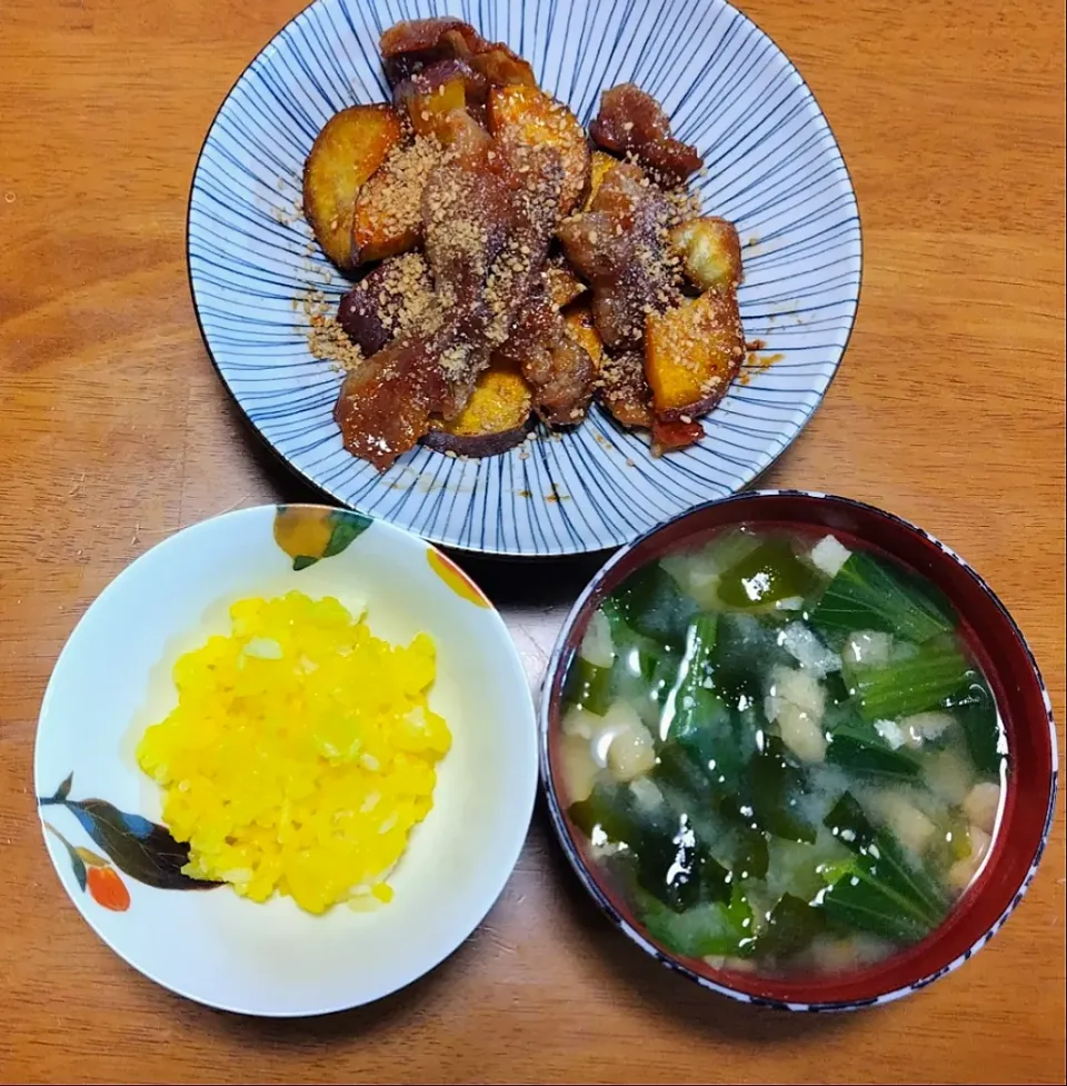 2024 0521　豚肉とさつまいの甘辛炒め　ほうれん草と油揚げのお味噌汁|いもこ。さん