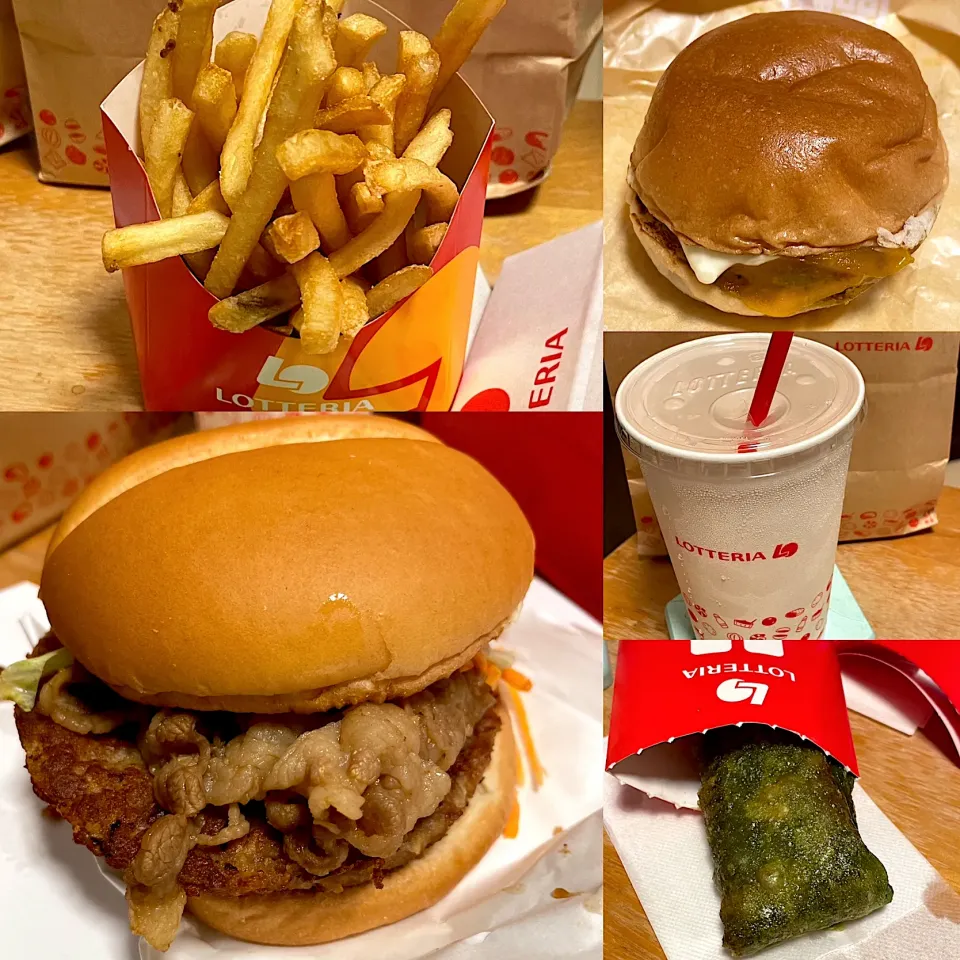 プルコギキング👑バーガー🍔　　絶品チーズバーガー🍔🧀　　ふるさとポテト🍟サワークリームオニオン風味　　宇治抹茶パイ🥧🍵|るみおんさん