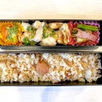 Snapdishの料理写真:はまぐりの炊き込みご飯🍚ささみのネギ塩だれ🐓油揚げのカリカリ焼き🥘クミンアスパラポテト🍟ブロッコリーのコーン🥦|anaさん