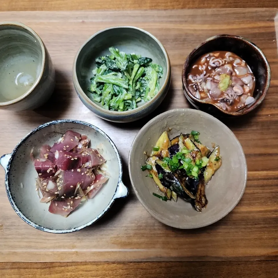 20240529
鰹茗荷
ホタルイカ
茄子の味噌炒め
ほうれん草の胡麻和え|noccoさん