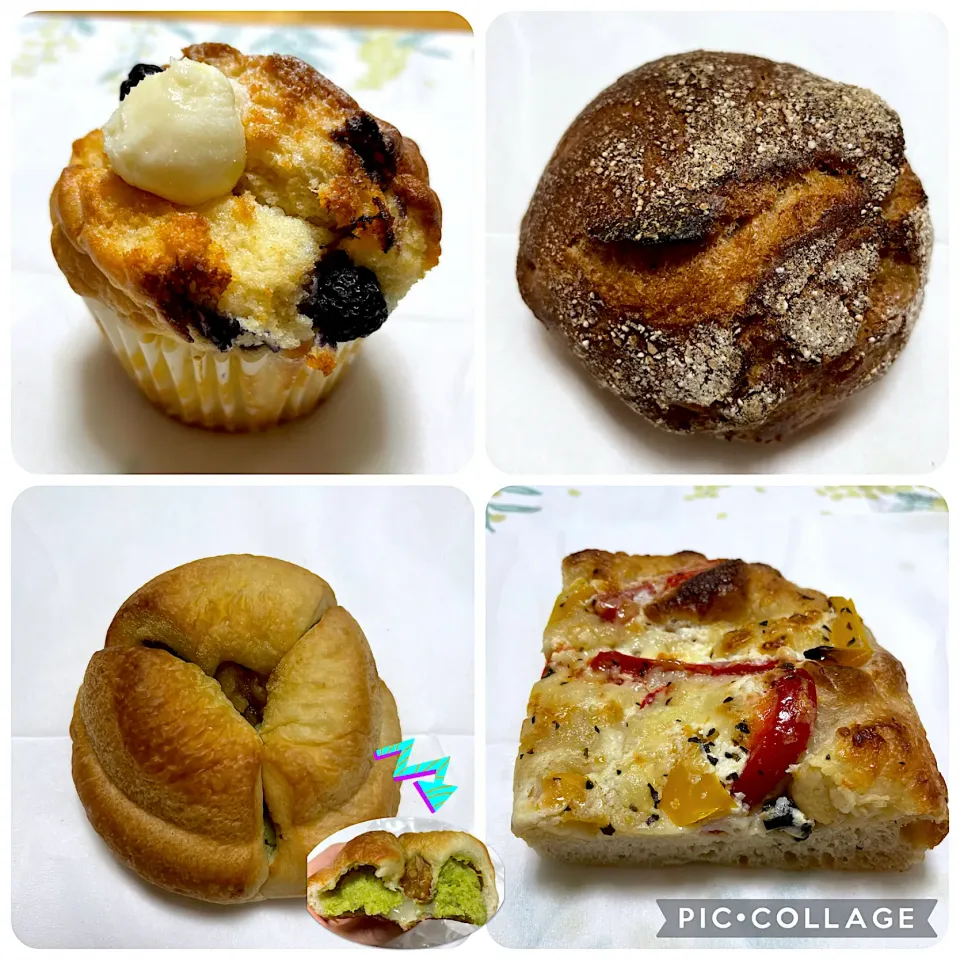 Snapdishの料理写真:ブルーベリーチーズケーキマフィン、いちじくとクリームチーズ、ずんだもちあんぱん、パプリカのフォカッチャ|こいちさん