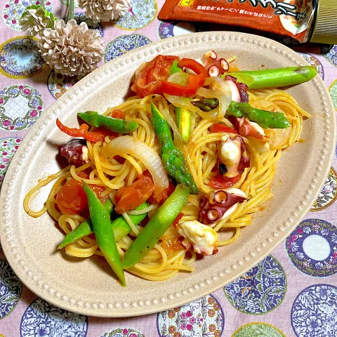 「李錦記 オイスターソース」を使ってみたSnapdishの料理・レシピ写真:タコ🐙と野菜のトマトパスタ🍅