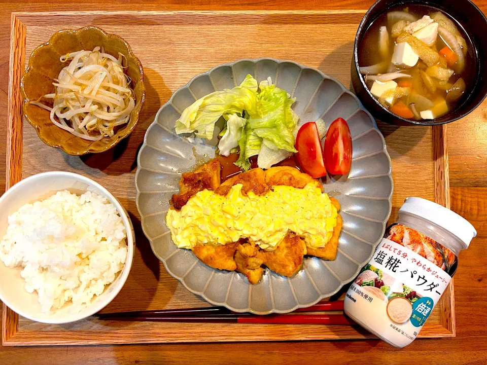 今日の夜ご飯(チキン南蛮、もやしナムル、けんちん汁)|cocomikaさん