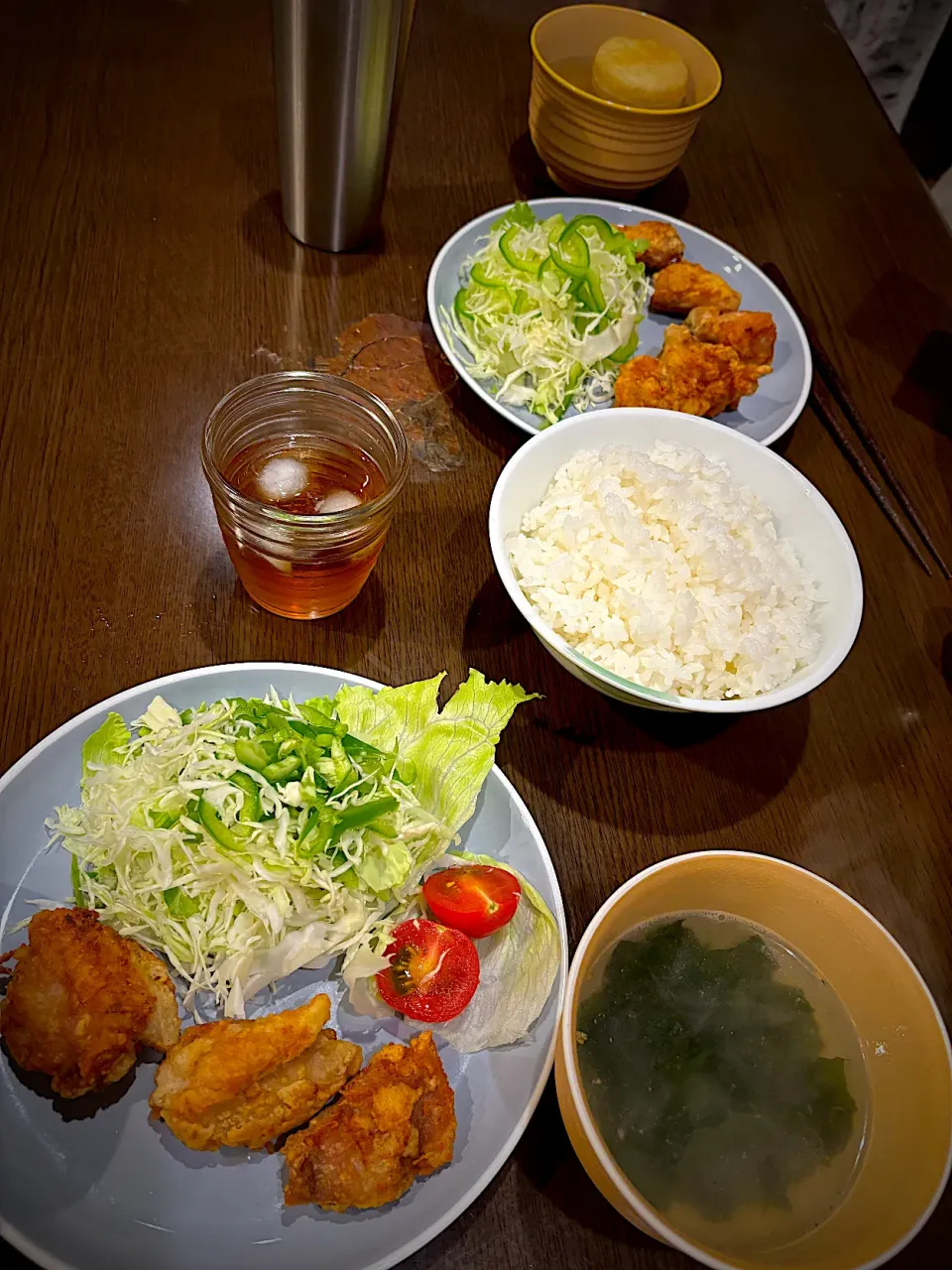 塩唐揚げ　サラダ　わかめと湯葉のお吸い物　ほうじ茶|ch＊K*∀o(^^*)♪さん