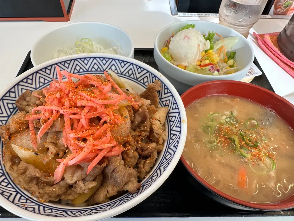 ねぎラー油牛丼アタマの大盛、豚汁ポテサラセット|buhizouさん