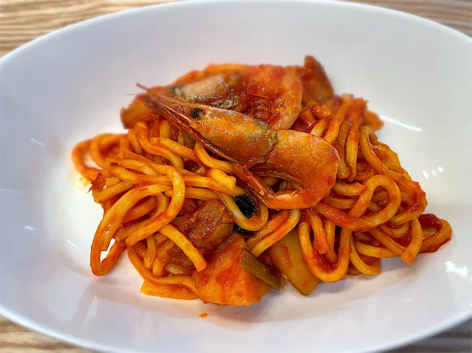 海老と鶏肉のソフト麺スパゲッティ|パパ手料理さん