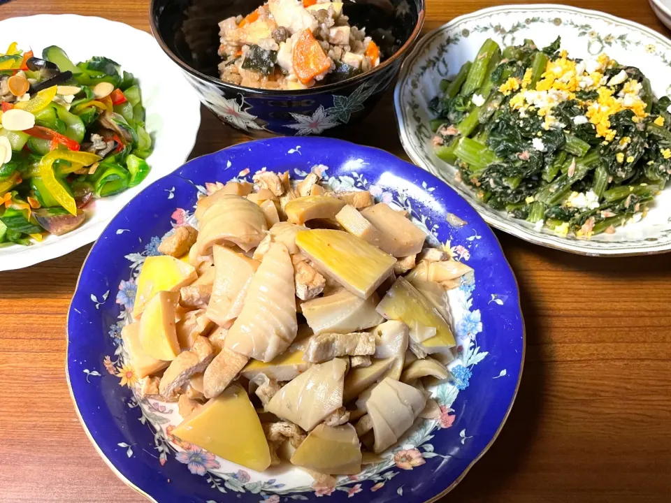 ・旬の竹のこ煮物・竹の子入りご飯・🥒きゅうりサラダ🥗・菜園小松菜🥬シーチキン和え|らんふうさん