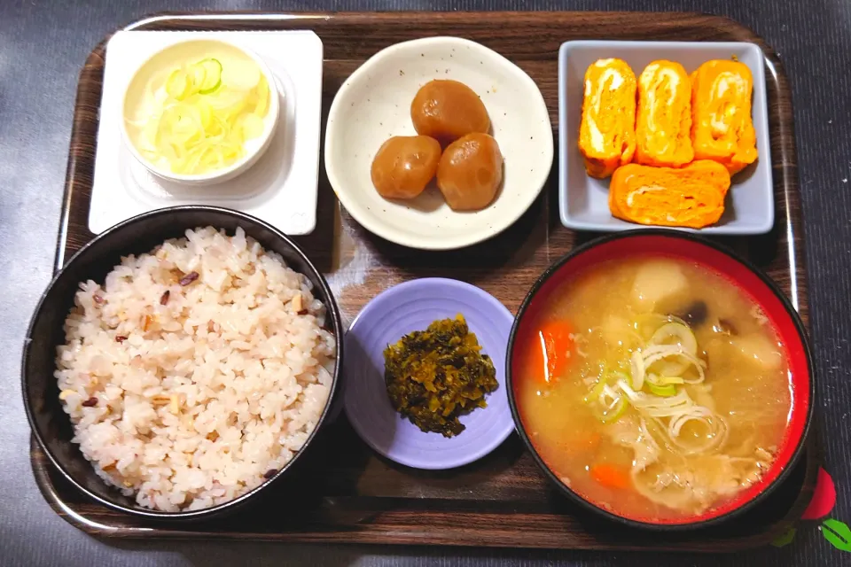 今日の朝ごはん（十六穀ごはんに卵焼き、玉こんにゃく、ひきわり納豆、豚汁、高菜漬け）|Mars＠釜飯作り研究中さん