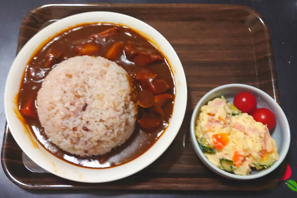 Snapdishの料理写真:今日の昼ごはんは自家製のポークカレーとポテトサラダ。|Mars＠釜飯作り研究中さん